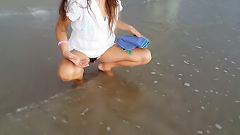 Romantic Solo Female In Upskirt Dress And Butt Plug At Public Beach